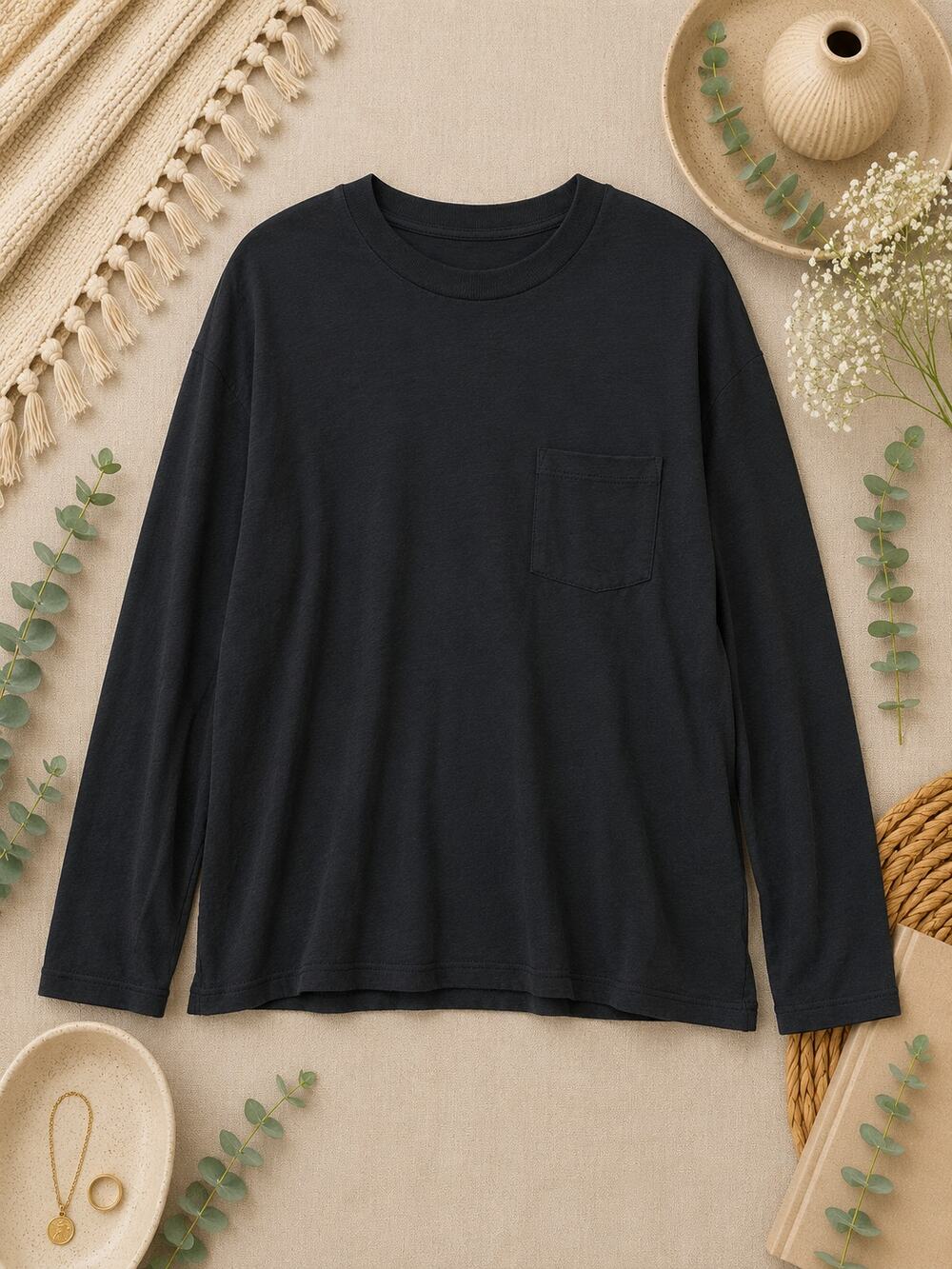 Garnet Hill Women’s Organic Pima Cotton Long Sleeve Pocket Tee Black Coastal M